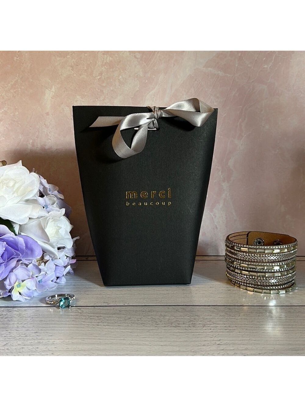 12 Pcs Paper Bags ( Merci Beaucoup ) Gift Bag, Packaging Box with Gray Ribbon